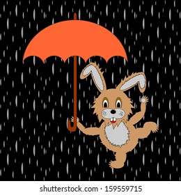 A funny rabbit with umbrella in the rain. Vector-art illustration