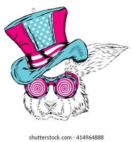 Funny rabbit in an unusual hat and sunglasses. Vector illustration.