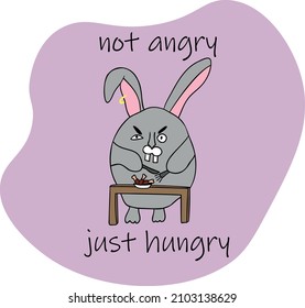 Funny rabbit vector Sketch. funny angry and hungry hare eats chicken legs with a knife and fork. print design on t-shirt, cute tee print