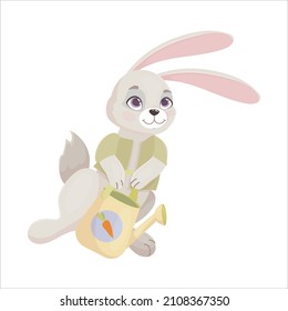 Funny Rabbit with a watering can for flowers watering the beds in a cartoon style. Hare is a farmer. Vector illustration isolated on white background.
