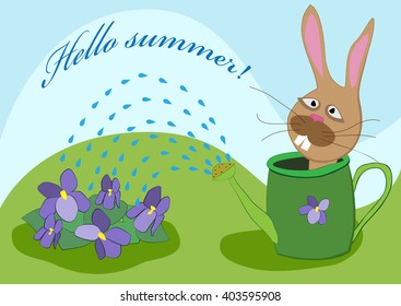 Funny rabbit watering flowers. Vector illustration