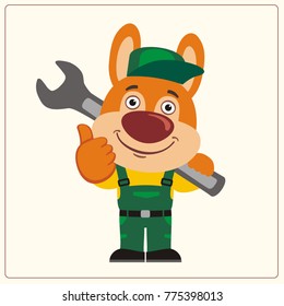 Funny rabbit wearing overalls with the large wrench on her shoulder. Mechanic in cartoon style shows like.