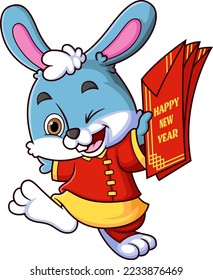 Funny rabbit wearing red clothes chinese traditional and carrying red envelope of illustration
