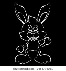 Funny rabbit. White chalk outline on black background. Cartoon vector illustration. Chalkboard.