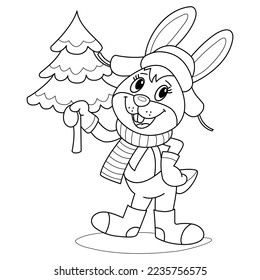 Conejo gracioso en un sombrero de invierno con un árbol de Navidad
    año nuevo 2023. Postal al estilo de las caricaturas. Dibujo de contorno negro. Aislado sobre fondo blanco.