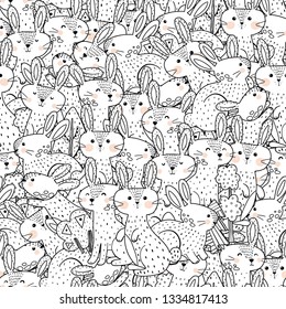 Funny rabbits black and white seamless pattern. Great for coloring page, prints, backgrounds, textile and fabric. Vector illustration