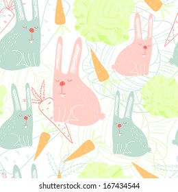 Funny rabbits in carrots and cabbage. Cute childish seamless pattern in cartoon style. Vector background.