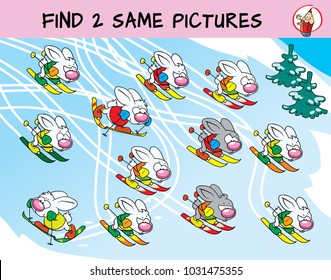 Funny rabbits doing skiing. Find two same pictures. Educational matching game for children. Cartoon vector illustration