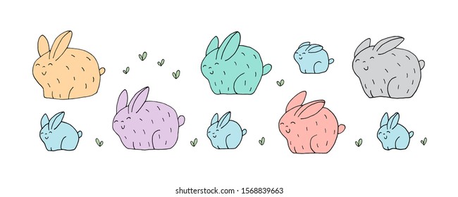 Funny rabbits and hand drawn elements. Animals on the farm. Eps10 vector line-art illustration.