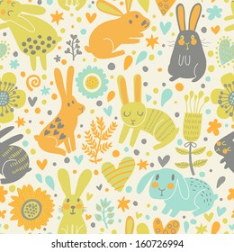 Funny rabbits in hearts and flowers. Cute childish seamless pattern in cartoon style. Seamless pattern can be used for wallpapers, pattern fills, web page backgrounds, surface textures