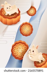 Funny rabbits jumping on baked mooncakes. Traditional chinese mid autumn festival. Banner for oriental holiday with bunny and sweet treat. Modern postcard with clouds. Vector illustration template