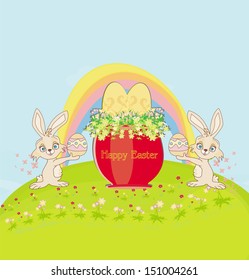 funny rabbits in a meadow, Easter card