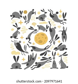 Funny rabbits. Mid-autumn festival elements. Bunny collection. Vector illustration