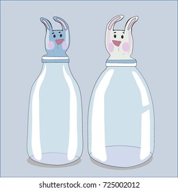 Funny rabbits milk feeding bottles symbols of the concept of child care, cartoon vector illustration isolated on blue background. Baby rabbits a milk bottle of the character, the mascot