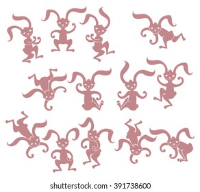 Funny rabbits in motion - set vector silhouettes.