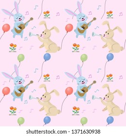  Funny rabbits with musical instruments seamless pattern.