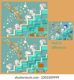 in the funny Rabbits on the Grass rebus for children up to 8 years old, find 12 differences