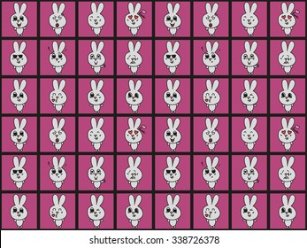 Funny rabbits on purple background in squares. Vector illustration with different emotions. Cute cartoon animals.