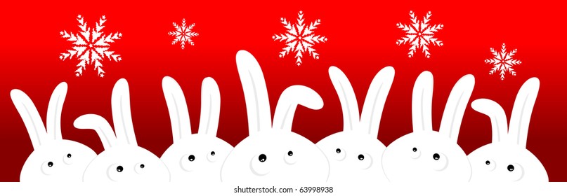 Funny rabbits on red christmas background