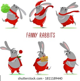 Funny rabbits set. Cute bunnies in red pants in different poses. Vector icons isolated on white background