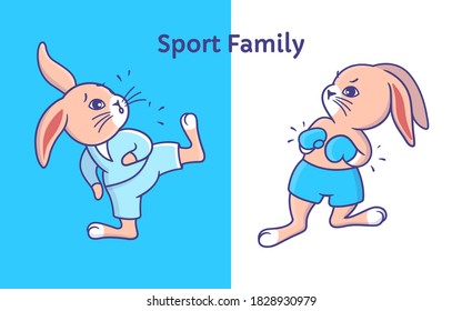 The funny rabbits in sport style. Cartoonish boy bunnies are do exercises. Good for family look designs, t-shirts, stickers, etc. Animals - boxers, karate. This is a vector illustration