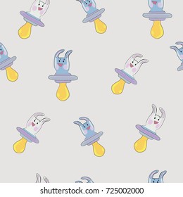 Funny rabbits teats symbols of the concept of child care, cartoon vector illustration isolated on blue background. Baby pacifiers rabbits of the character, the mascot