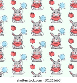 Funny rabbits vector seamless pattern. Rabbit or hare in sweater holding smiling balloon, present box near. Celebrating, party concept. For gift wrapping paper, greeting cards, invitations design 
