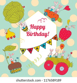 Funny rabbits.Cartoon children's postcard in vector. Happy Birthday! Cute illustration.