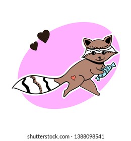 Funny raccon take a andy.  Children print for clothes, textiles, posters. Little sweet fox.