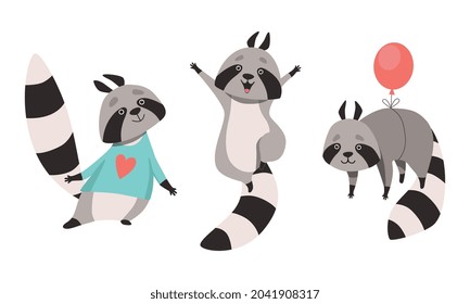 Funny Raccoon Animal Character with Striped Tail Jumping with Joy and Flying with Toy Balloon Vector Set