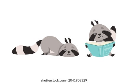 Funny Raccoon Animal Character with Striped Tail Lying and Reading Book Vector Set