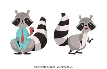 Funny Raccoon Animal Character with Striped Tail in Tie Holding Coffee Cup and Tiptoeing Vector Set