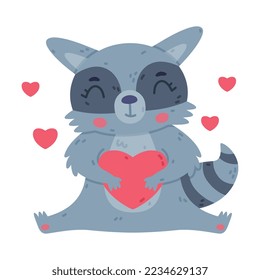 Funny Raccoon Animal Character with Striped Tail Sitting with Love Heart Vector Illustration