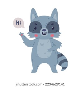 Funny Raccoon Animal Character with Striped Tail Standing and Saying Hi Vector Illustration