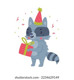 Funny Raccoon Animal Character with Striped Tail in Birthday Hat with Gift Box Vector Illustration