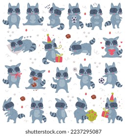 Funny Raccoon Animal Character with Striped Tail Engaged in Different Activity Vector Set