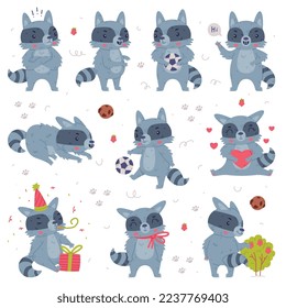 Funny Raccoon Animal Character with Striped Tail Engaged in Different Activity Vector Set