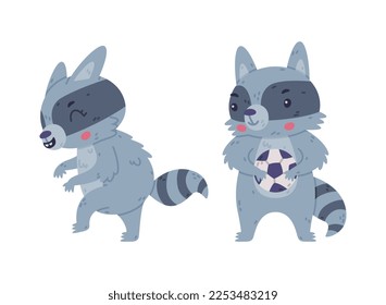Funny Raccoon Animal Character with Striped Tail Sneaking and Holding Ball Vector Set