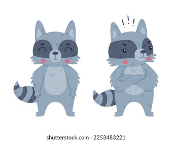 Funny Raccoon Animal Character with Striped Tail Standing with Grumpy Face and Smiling Vector Set