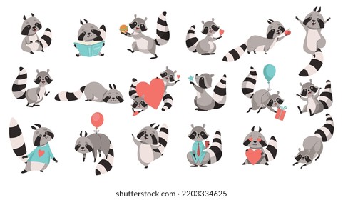 Funny Raccoon Animal with Ringed Tail Engaged in Different Activity Big Vector Set