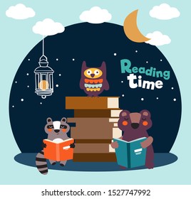 Funny raccoon, bear and owl reading books vector illustration