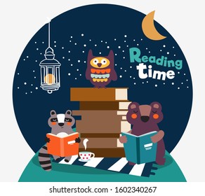 Funny raccoon, bear and owl reading books vector illustration