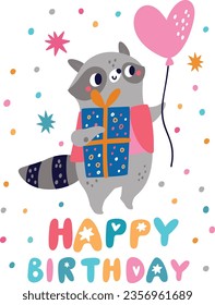 Funny raccoon. Birthday greeting card. Cartoon animal with present box and balloon. Holiday gift. Anniversary celebration. Party invitation. Festive poster. Vector baby