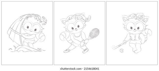 Funny raccoon black and white. Set of 3 pages for a coloring book. Cute animal vector illustration in black and white. Outlines of animals for coloring pages for girls and boys. 
