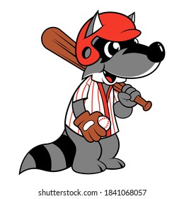 Funny Raccoon Cartoon Characters wearing baseball helmet and jersey while carrying baseball bat and gloves, Full baseball games equipment, best for baseball club mascot or t-shirt design