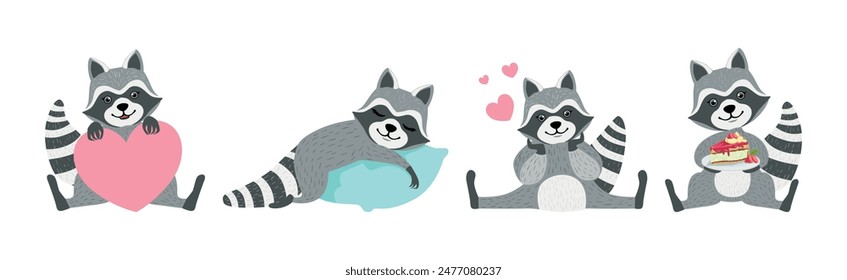 Funny Raccoon Character Engaged in Different Activity Vector Set