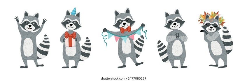 Funny Raccoon Character Engaged in Different Activity Vector Set