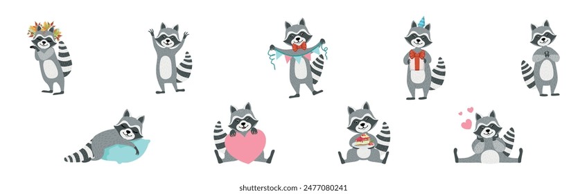 Funny Raccoon Character Engaged in Different Activity Vector Set