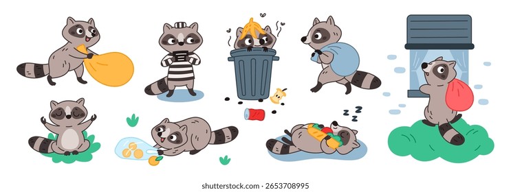 Personagens engraçados de raccoon. Desenhos animados, pequenos ladrões de lixo, mamíferos selvagens listrados, diferentes ações em várias poses, mascote feliz, ladrão criminoso, conjunto isolado vetor de lixo
