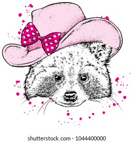 Funny raccoon in a cowboy hat. Vector illustration for a postcard or a poster, print for clothes. Clothes and accessories.
